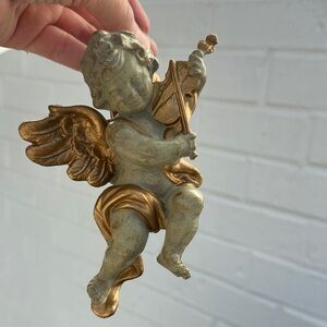 Green Cherub Angel Christmas Ornament with Gold Wings, Sash Playing Gold Violin